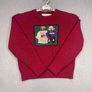 VTG The Eagles Eye Sweater Womens 38 Red Wool Knit Teddy Bear Couple Cottagecore